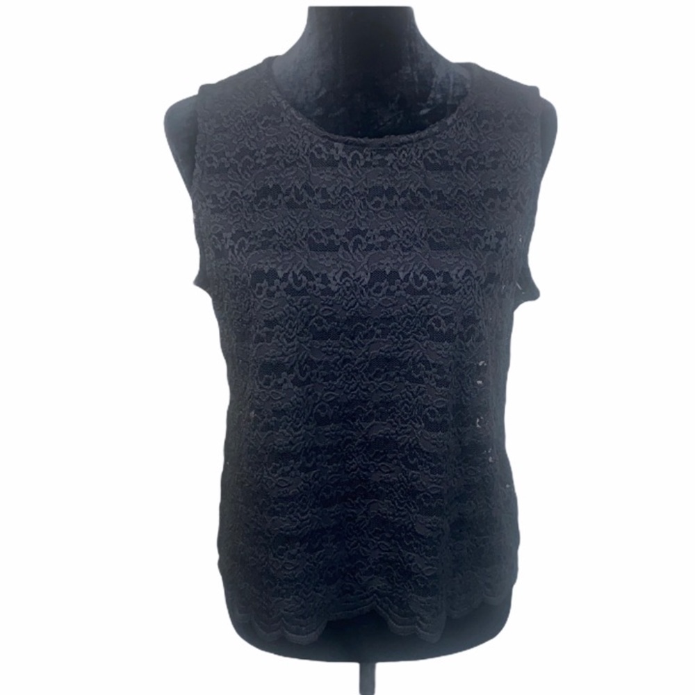 Black Lace Sleeveless Top With Scalloped Hem & Faux Button Back Detail Size L